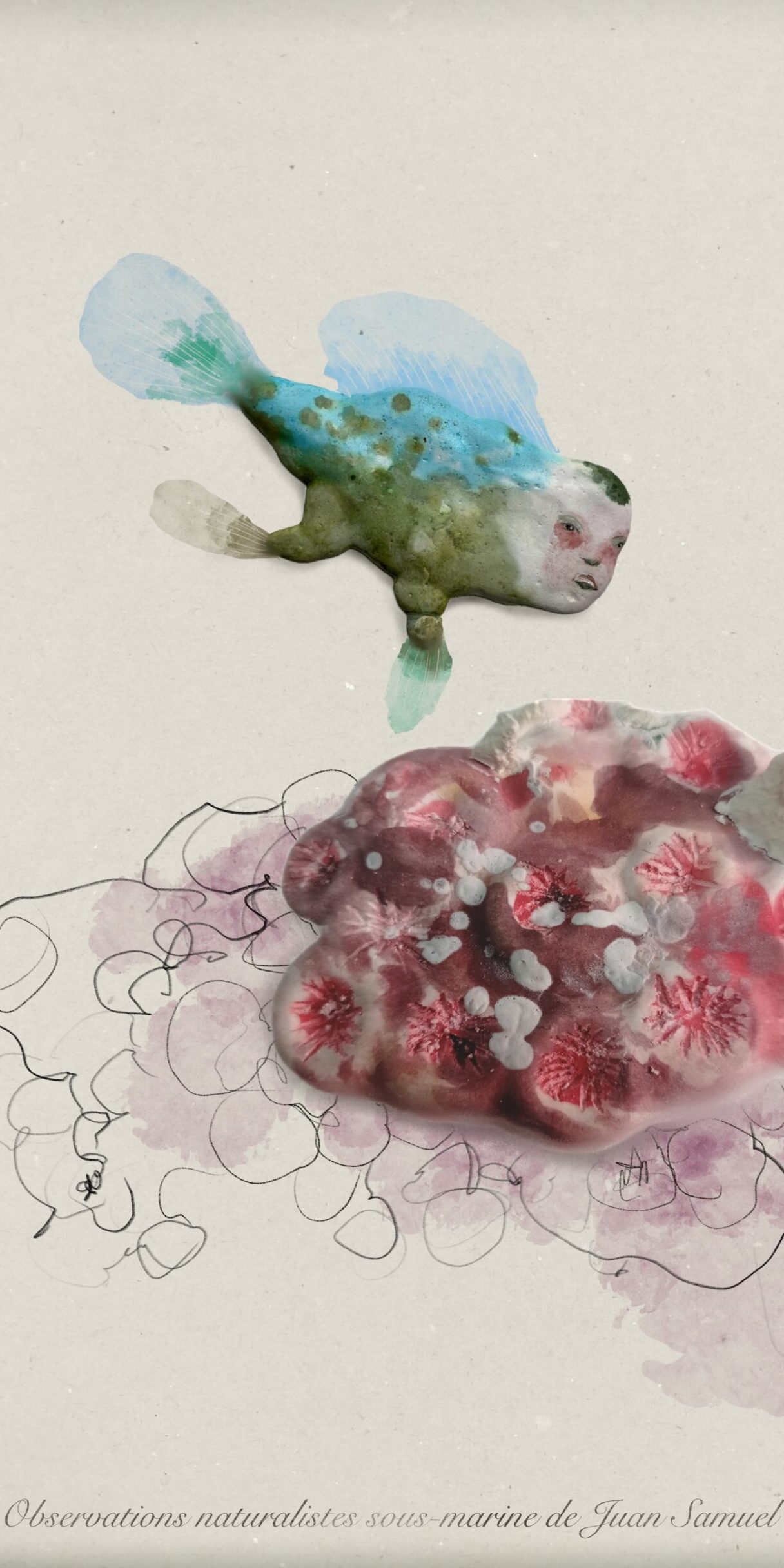 Relieve policromado con acuarela sobre estuco, obra original de Luis Zambrano Valdivia, serie ictiofauna fantástica