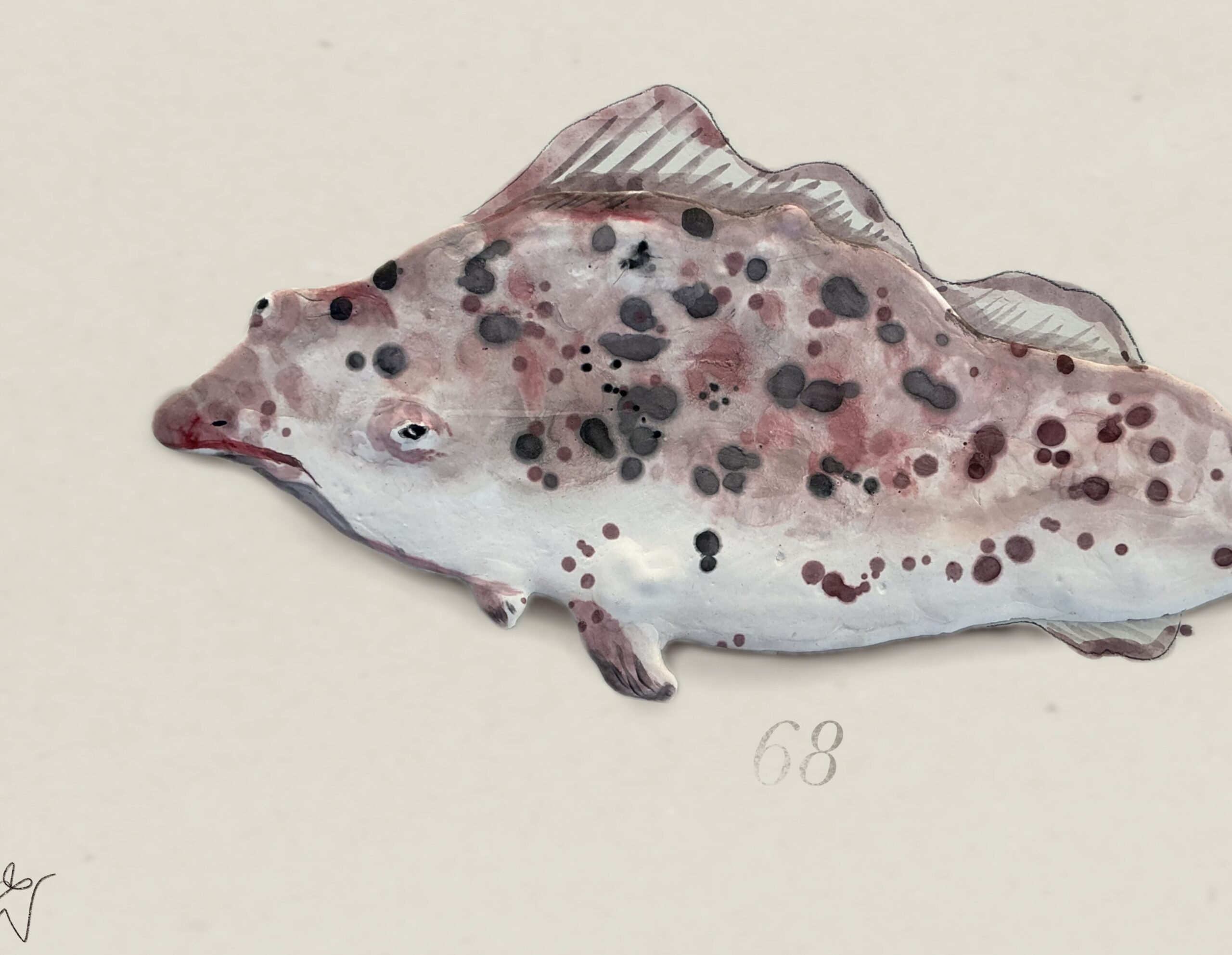 Relieve policromado con acuarela sobre estuco, obra original de Luis Zambrano Valdivia, serie ictiofauna fantástica