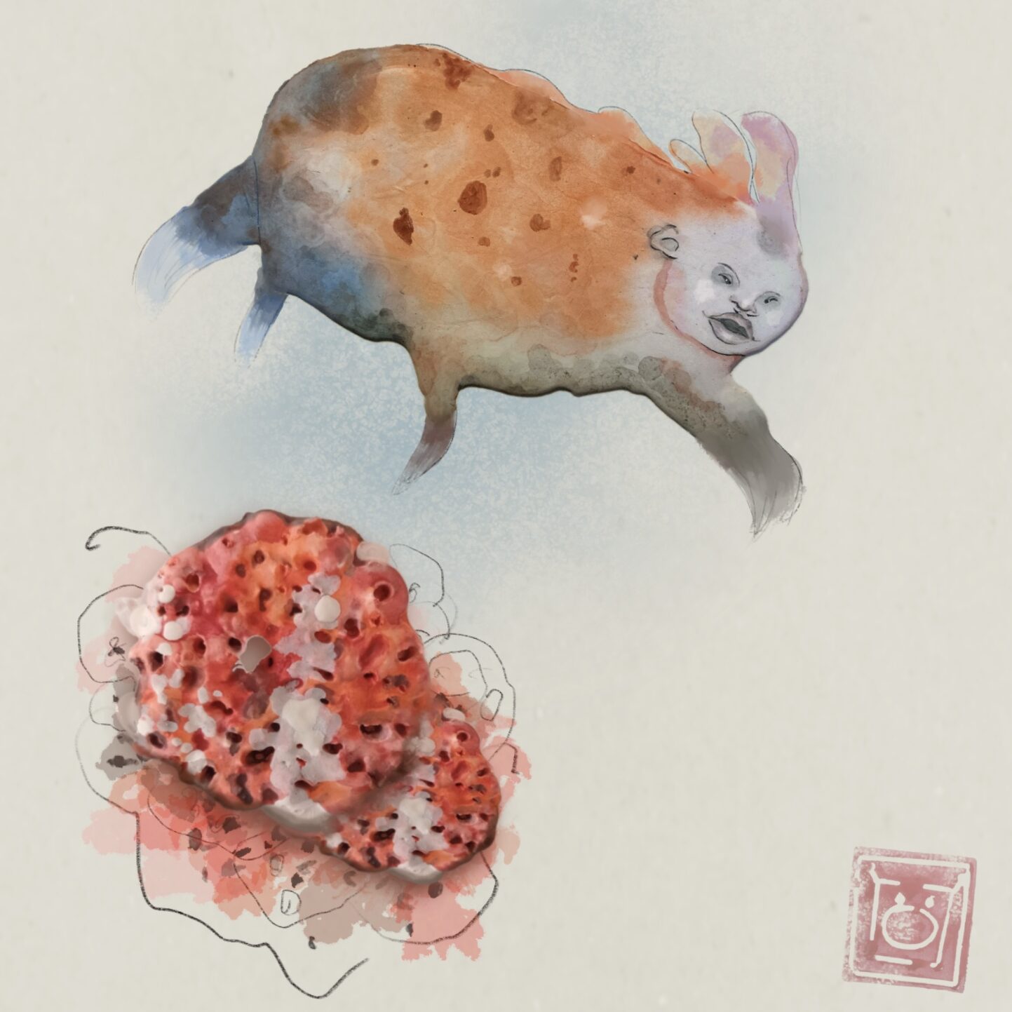 Relieve policromado con acuarela sobre estuco, obra original de Luis Zambrano Valdivia, serie ictiofauna fantástica