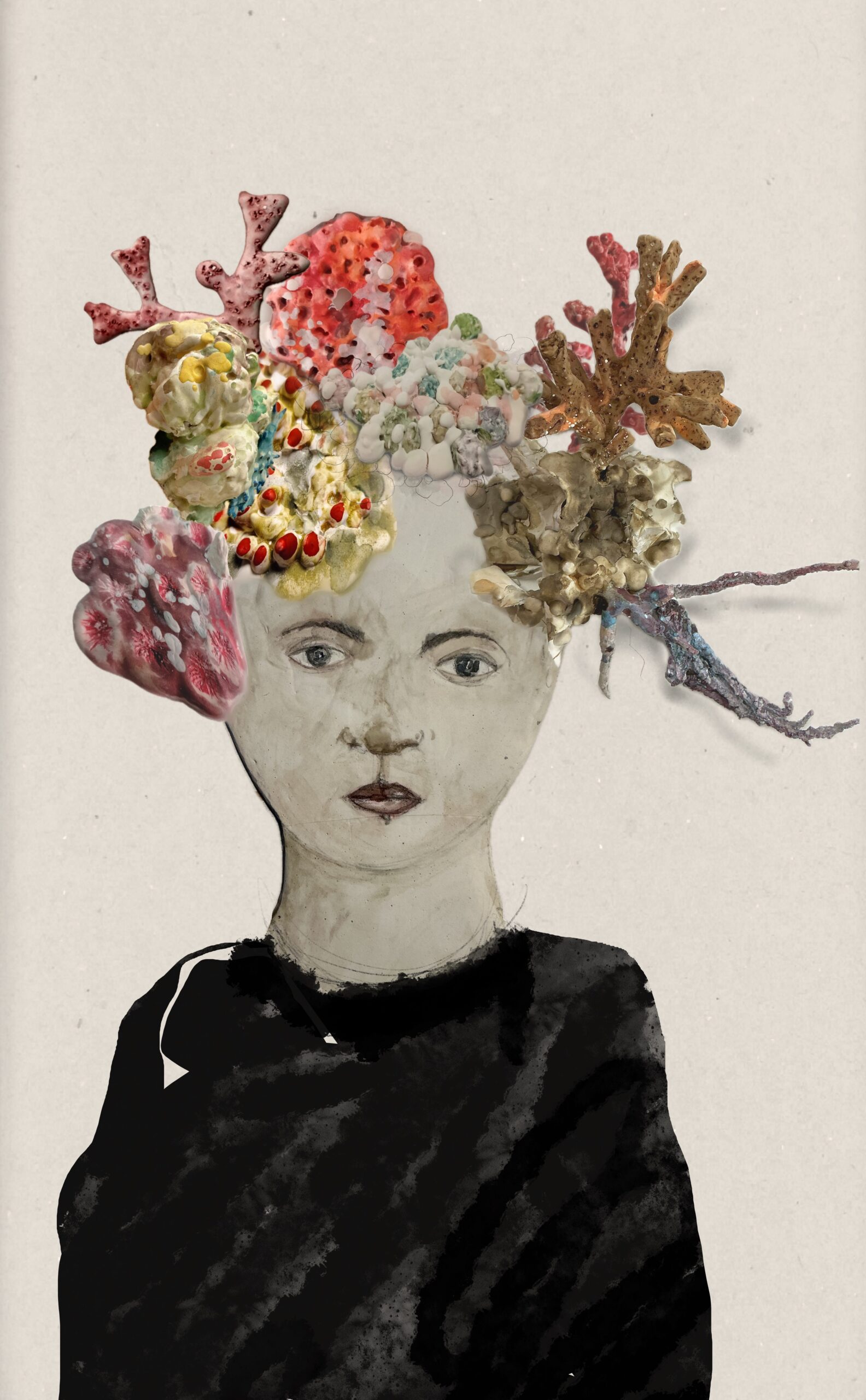 Pieza de técnica mixta con recreaciones coralígenas y pintura sobre estuco, autoría de Luis Zambrano Valdivia perteneciente a la serie Gorgonas